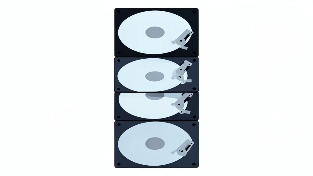 A stack of hard disk drives with visible platters and actuator arms