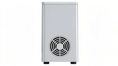A sleek, silver aluminum desktop computer tower with a circular fan grille on the back panel.