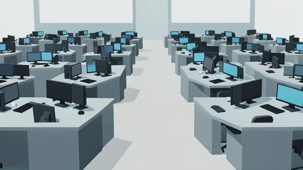 A flat-vector illustration of a stock exchange trading floor with rows of desks and monitors.
