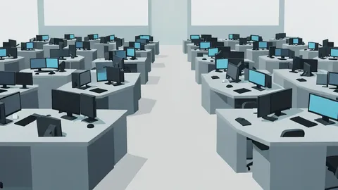 A flat-vector illustration of a stock exchange trading floor with rows of desks and monitors.