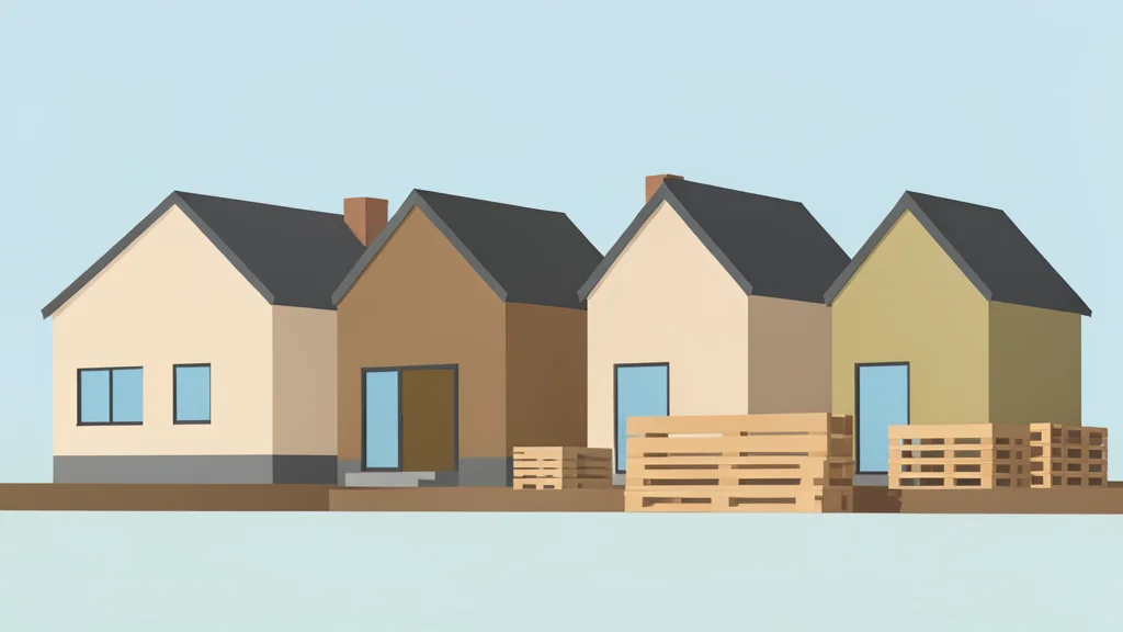 A row of newly constructed single-family houses with unfinished siding and construction materials stacked nearby