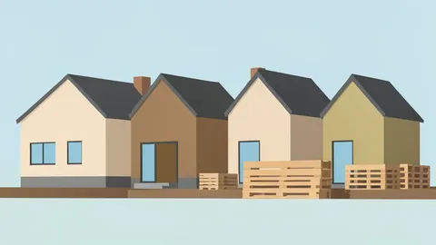 A row of newly constructed single-family houses with unfinished siding and construction materials stacked nearby