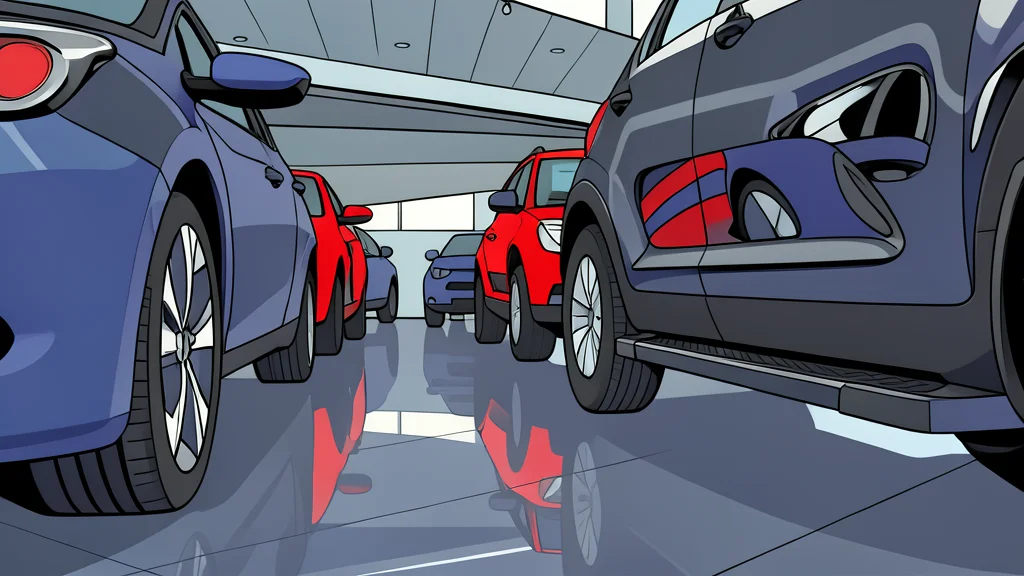 A row of red and white automotive service bays with open car hoods and tool chests