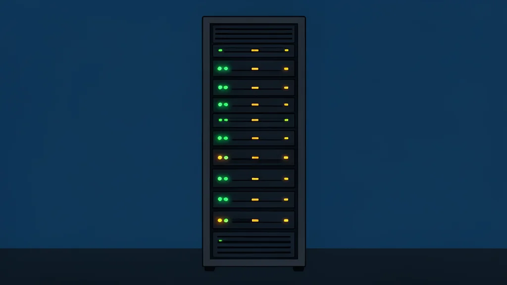 A server rack with blinking status lights in a dimly lit room