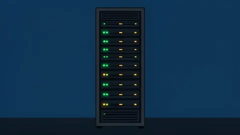 A server rack with blinking status lights in a dimly lit room