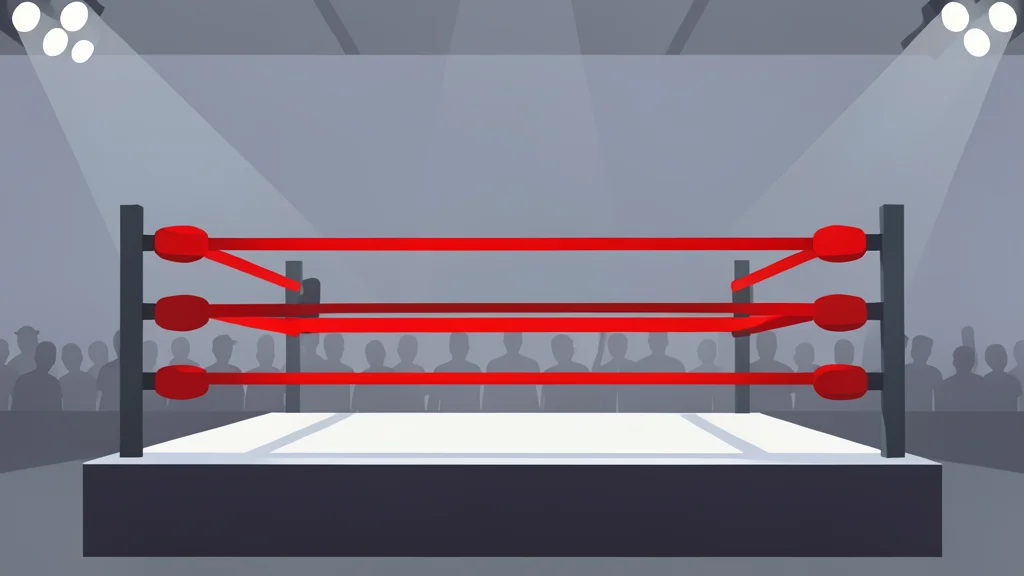 A professional wrestling ring with red ropes and turnbuckles in an indoor arena