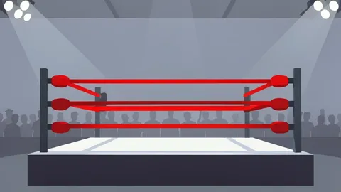 A professional wrestling ring with red ropes and turnbuckles in an indoor arena