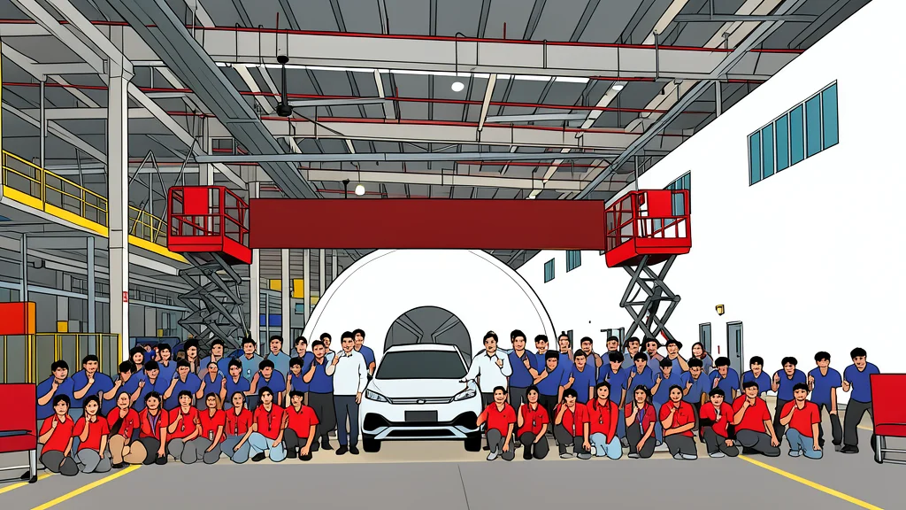 An automated car assembly line with robotic arms welding metal car bodies in a large industrial facility
