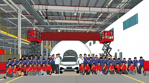 An automated car assembly line with robotic arms welding metal car bodies in a large industrial facility