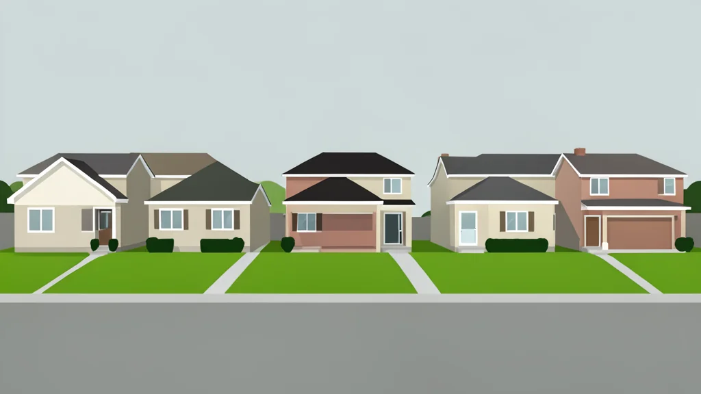 A row of suburban single-family houses with front lawns
