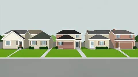 A row of suburban single-family houses with front lawns