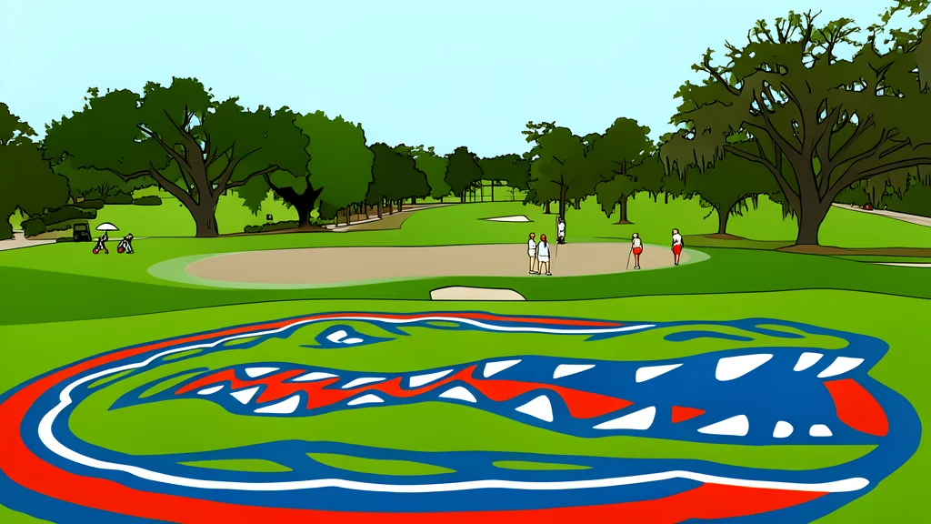 A manicured green fairway with sand bunkers and a distant clubhouse structure