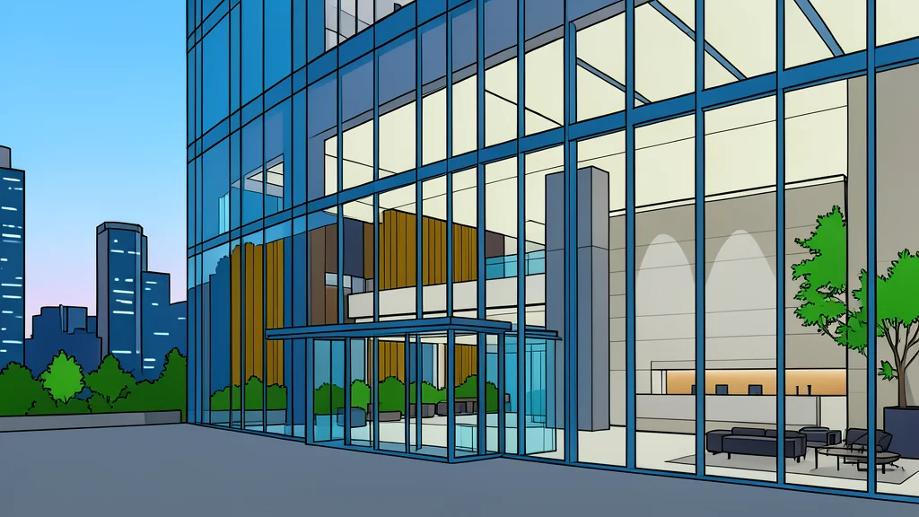A modern glass office building with a grid of windows reflecting the sky