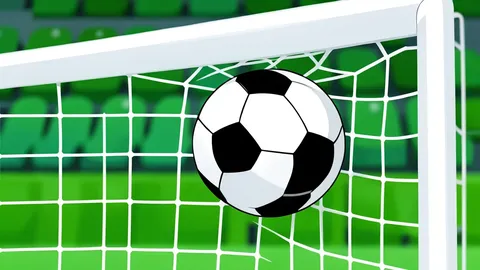 A flat vector illustration of a green football pitch with white lines and a goal net in the distance.