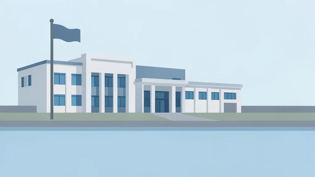 A modern academic building with a flagpole in front, situated near a body of water