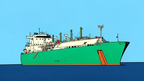 A large liquefied natural gas carrier ship moving through a narrow strait between rocky coastlines