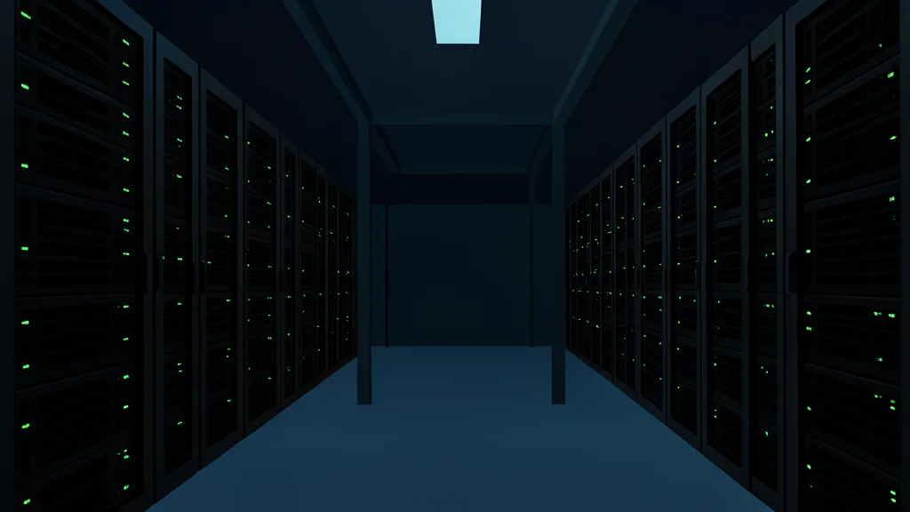 Rows of black server racks with blinking status lights in a dimly lit data center aisle