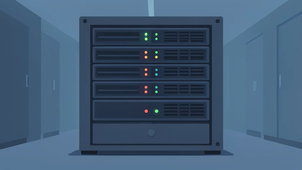 A server rack with blinking status lights in a dimly lit data center
