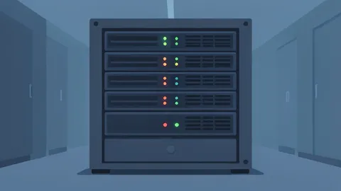 A server rack with blinking status lights in a dimly lit data center