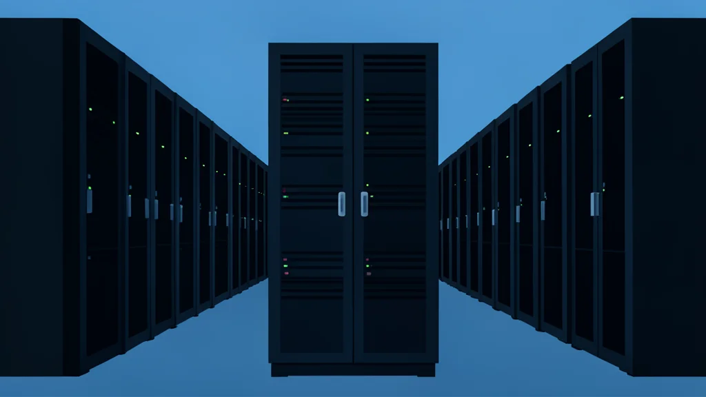 Rows of black server racks with blinking status lights in a dark data center aisle