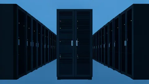 Rows of black server racks with blinking status lights in a dark data center aisle
