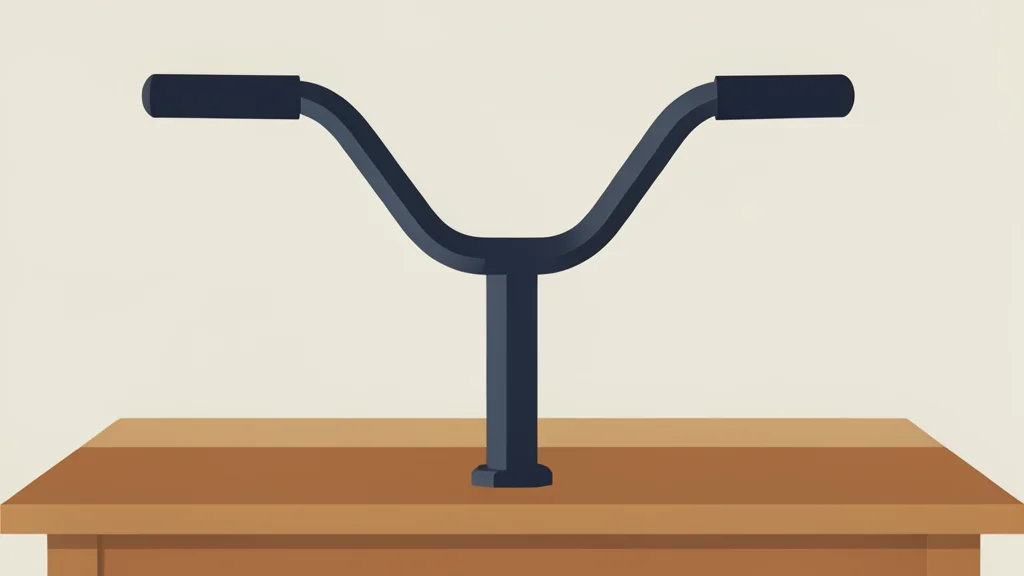 A pair of bicycle handlebars with brake levers and a stem, resting on a wooden workbench.