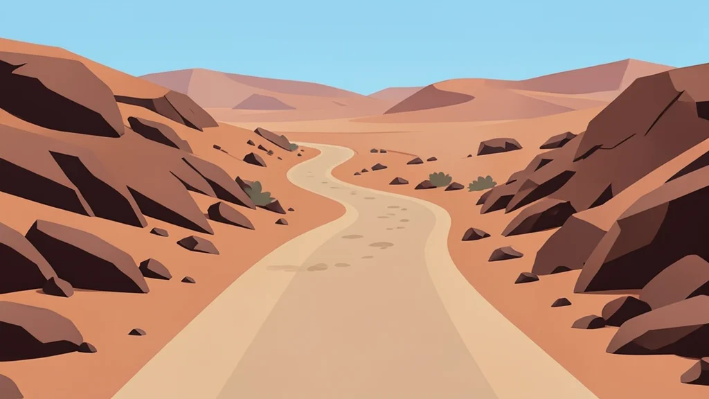 A dusty, unpaved road winding through arid, rocky terrain in a desert landscape