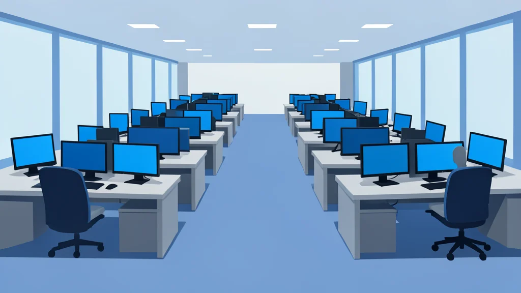 A stylized trading floor with rows of desks and monitors.