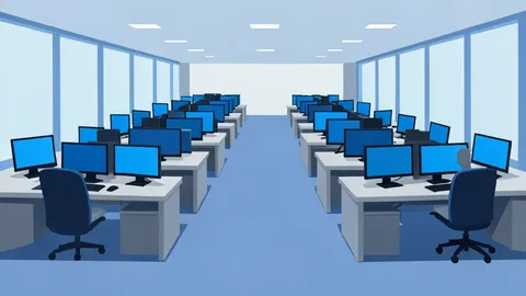 A stylized trading floor with rows of desks and monitors.