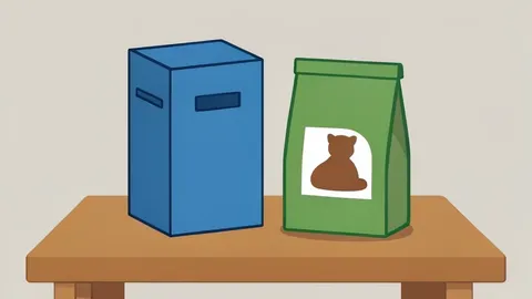 A cereal box and a bag of pet food on a wooden table