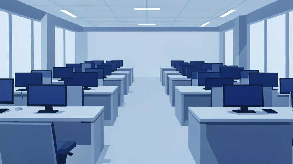 A flat-vector illustration of a trading floor with rows of desks and monitors.