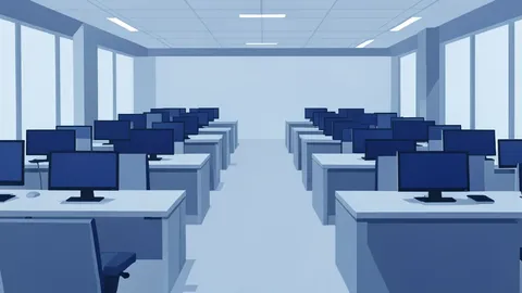 A flat-vector illustration of a trading floor with rows of desks and monitors.