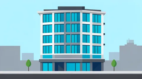 A high-rise residential building facade with large windows overlooking a city street