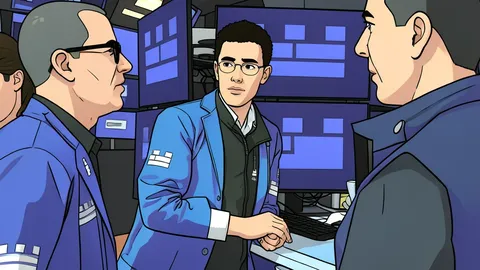 A flat vector illustration of a trading floor with rows of empty desks and monitors.