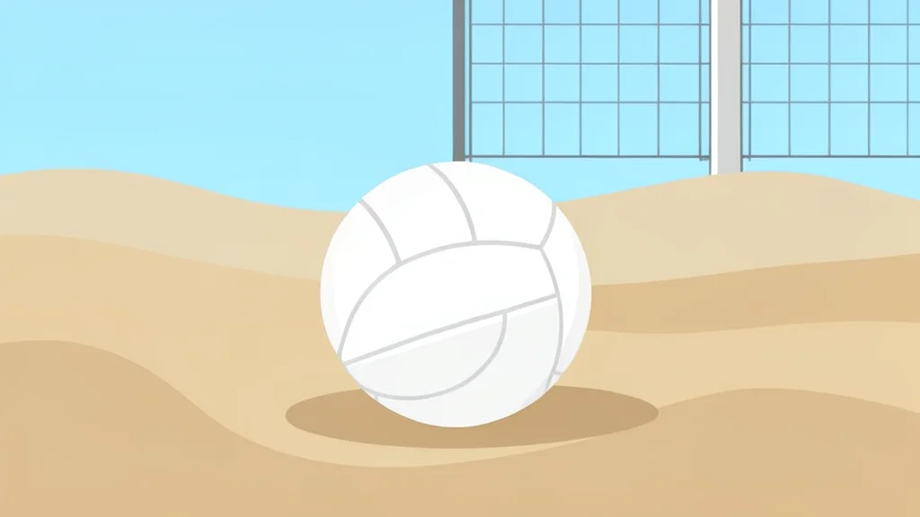 A white volleyball resting on a sandy beach court surface