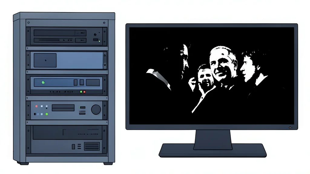 A home media server rack with hard drives and a television screen displaying a high-contrast movie scene