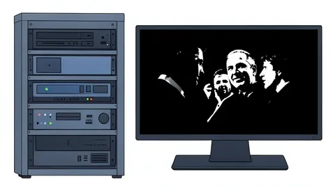 A home media server rack with hard drives and a television screen displaying a high-contrast movie scene