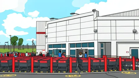 A large warehouse-style retail store exterior with a loading dock and pallets of goods.