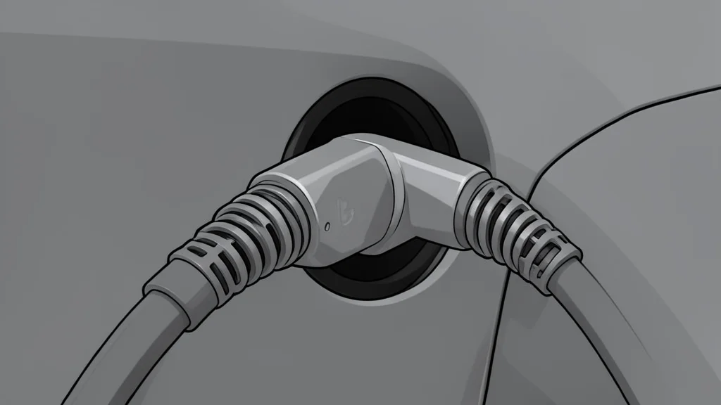A thick, coiled electric charging cable plugged into a car's side port.