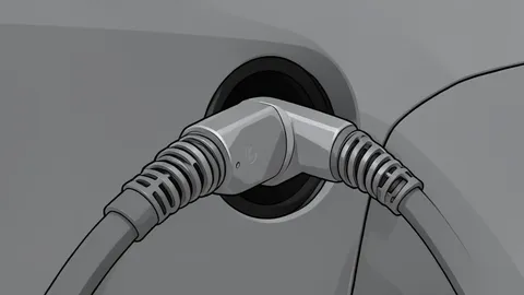 A thick, coiled electric charging cable plugged into a car's side port.