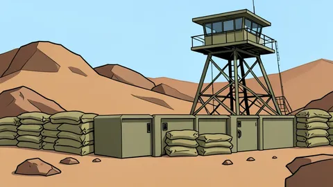 A military checkpoint barrier with sandbags and a watchtower in a dry, rocky landscape