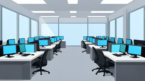 A modern stock exchange trading floor with rows of desks and monitors