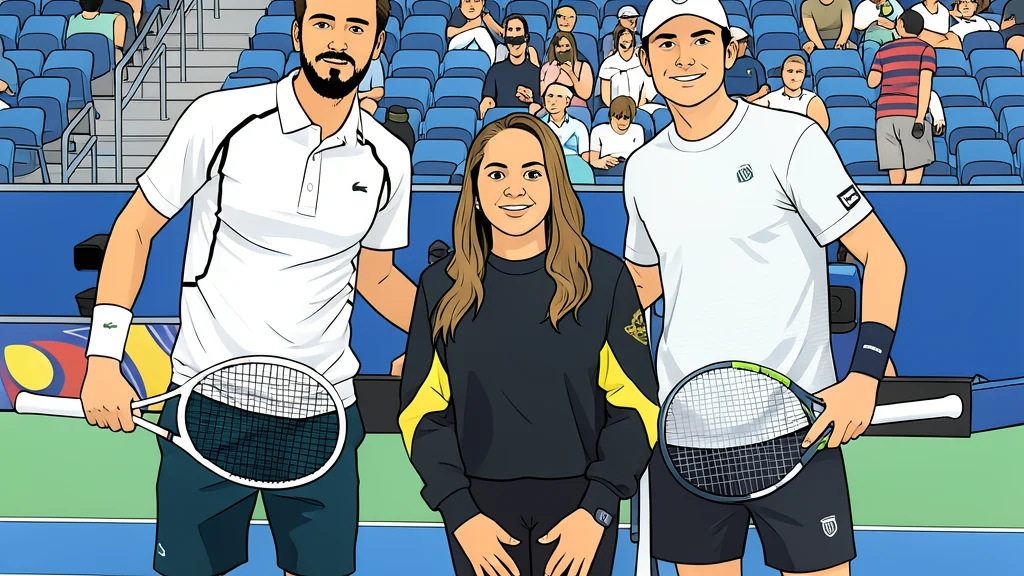 A flat vector illustration of a large outdoor tennis stadium with a blue hard court and white lines under a clear sky.