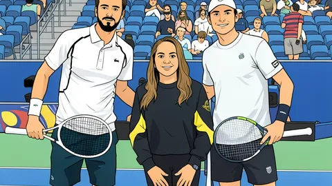 A flat vector illustration of a large outdoor tennis stadium with a blue hard court and white lines under a clear sky.
