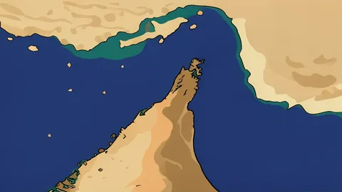 A large oil tanker navigating a narrow, rocky strait between steep cliffs.