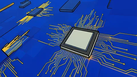 A microscopic view of a silicon wafer with intricate circuit patterns