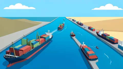 Cargo ships navigating the narrow waterway of the Strait of Hormuz