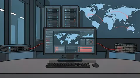 A flat-vector illustration of a network equipment rack with blinking status lights