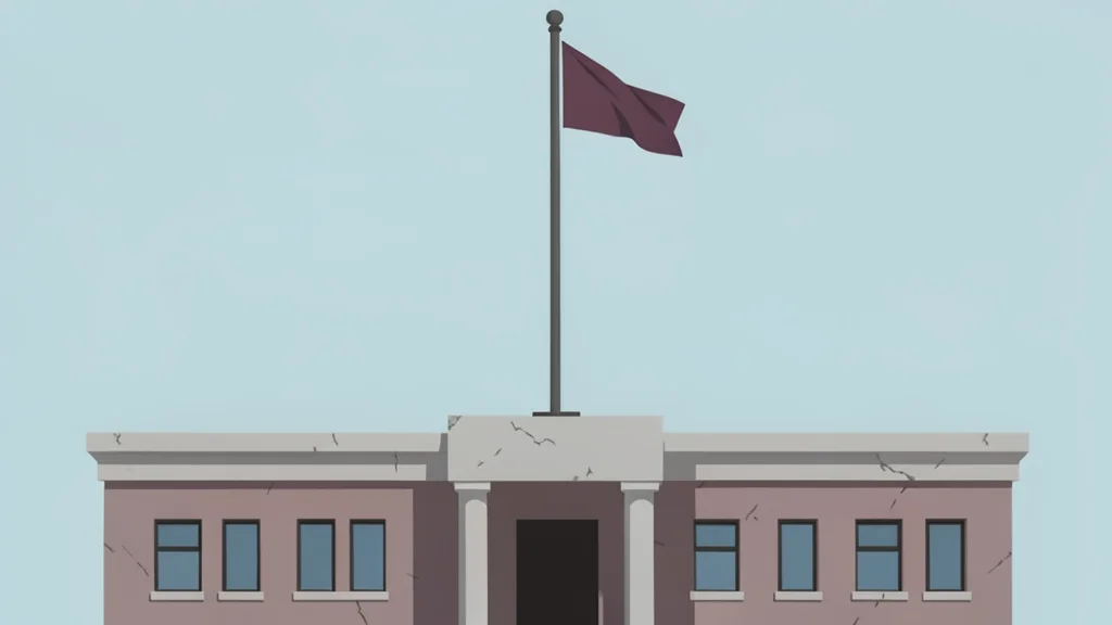 A weathered government building facade with a flagpole