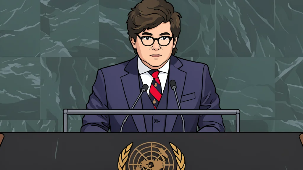 A flat-vector illustration of the curved seating and central podium of the UN General Assembly Hall.